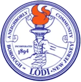 Seal of Lodi, New Jersey, showing two hands holding a torch.